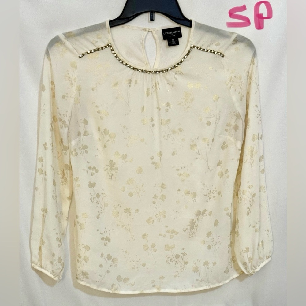 Liz Claiborne Cream Embellished Blouse with Peter Pan Collar